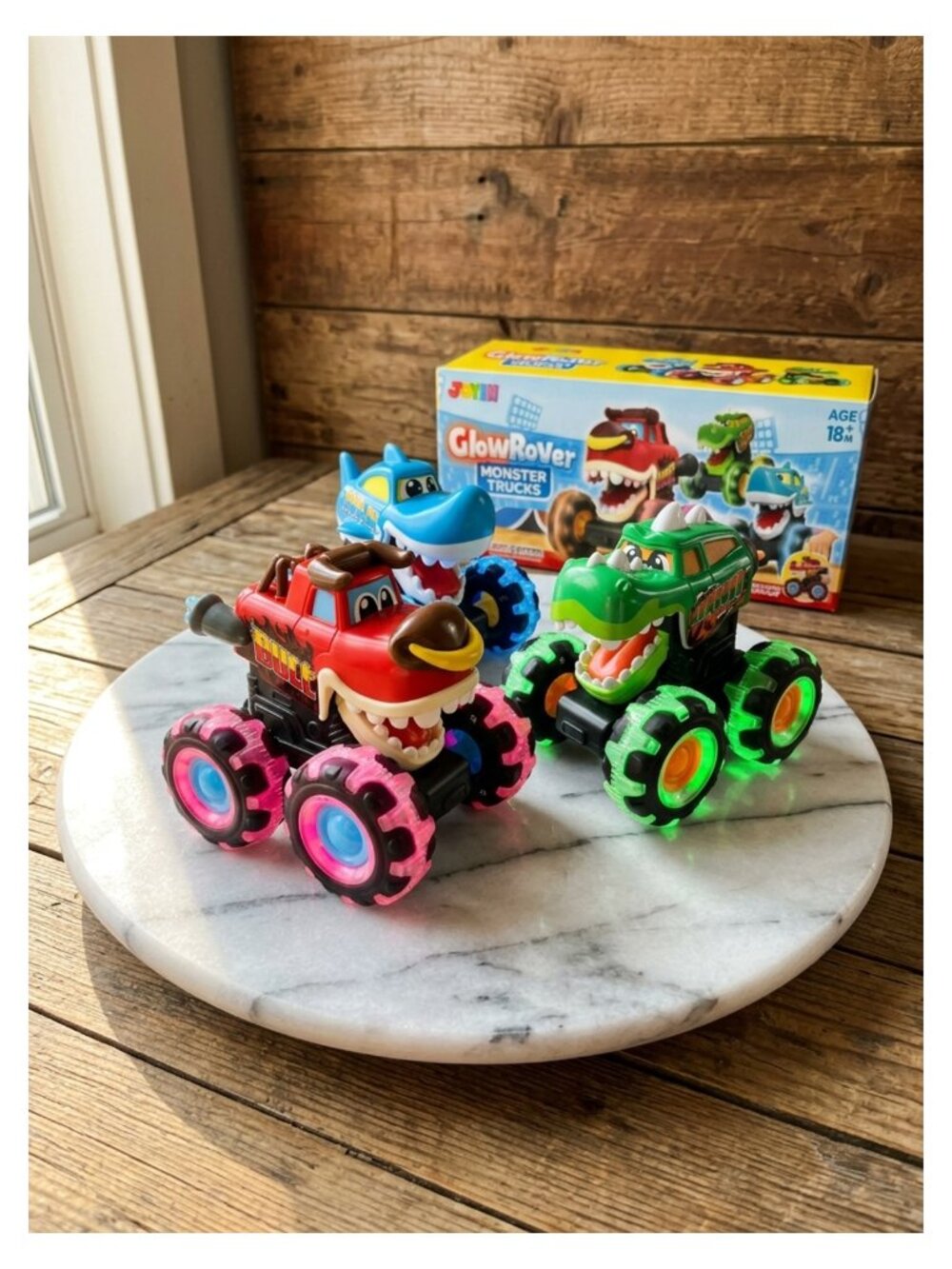 JOYIN 3 Pack Light Up Monster Truck Toys Press and Go Dinosaur Trucks